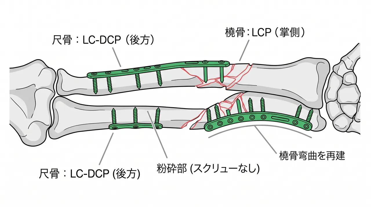 ブリッジプレート固定 — 尺骨LC-DCP・橈骨LCP（粉砕部を骨膜を温存してブリッジ）