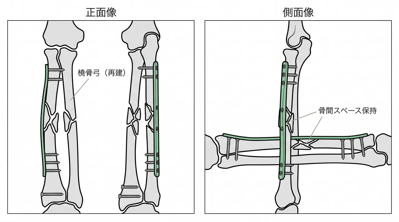 ブリッジプレーティング完成像 — 橈骨・尺骨双方のプレート設置後（術中透視）