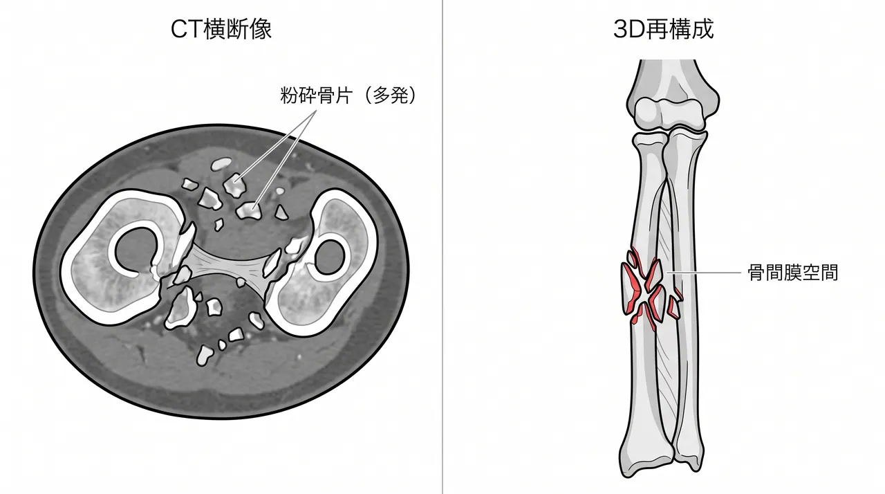 CT横断像 + 3D再構成 — 骨片分布・骨欠損・骨間膜スペース評価