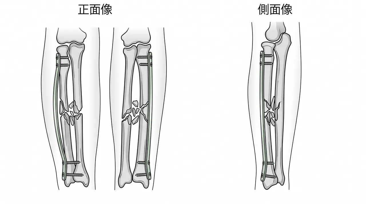 術後X線像（正面/側面）— 橈骨・尺骨双方のブリッジプレーティング完成像