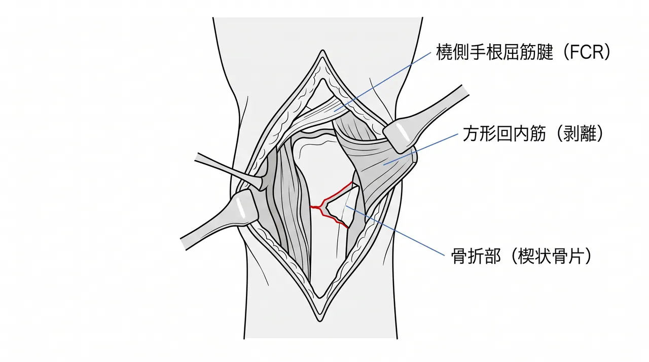 掌側アプローチの解剖 — ヘンリーアプローチ（橈側手根屈筋腱外側）。方形回内筋の展開と骨折部露出