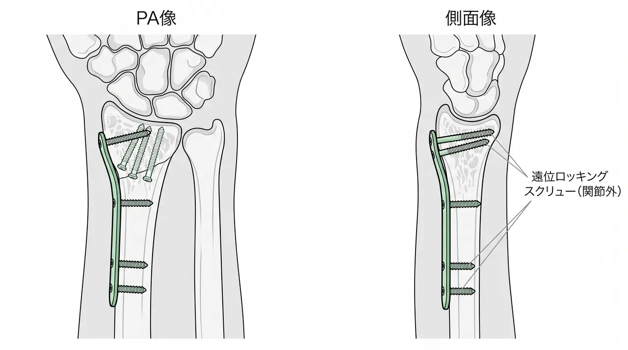 術後X線PA像・側面像 — 掌側ロッキングプレート固定後。橈骨傾斜・掌側傾斜・橈骨長の回復、遠位スクリュー位置（関節外）を確認