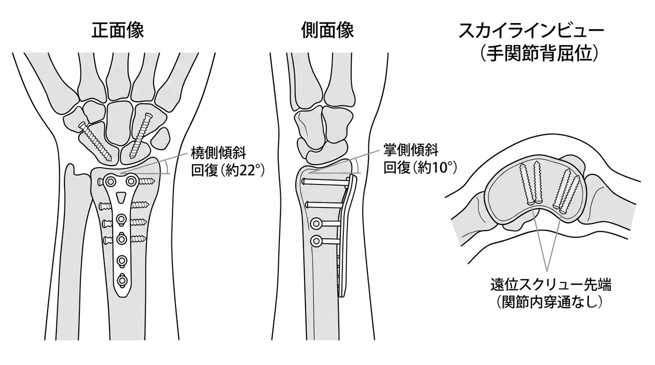 掌側ロッキングプレート設置・術中透視（正面・側面・skyline view）— 遠位ロッキングスクリューの関節面平行配置と関節内穿通の確認