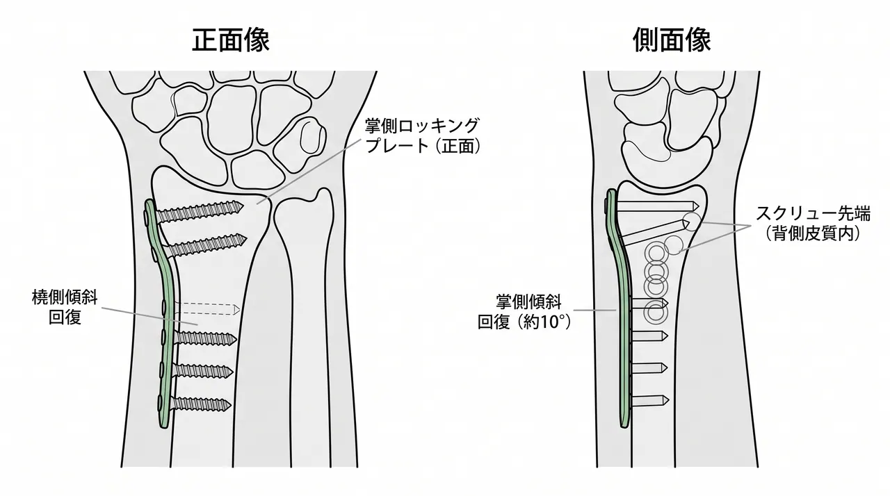 術後X線正面像・側面像 — 掌側ロッキングプレート固定後。掌側傾斜・橈側傾斜・橈骨長の回復、遠位ロッキングスクリューの関節面平行配置を確認