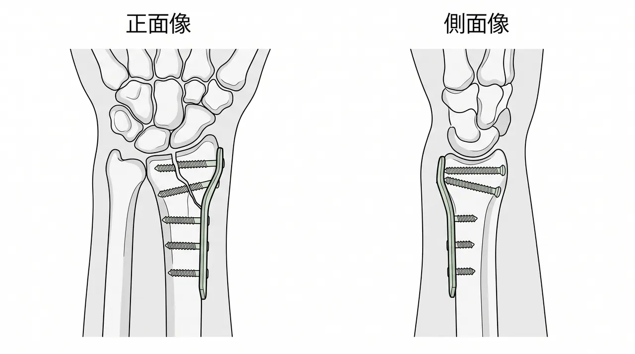 術後X線正面像・側面像 — 橈側柱プレートまたは背側プレート固定後。関節面整復・橈骨傾斜角・掌側傾斜角・尺骨変位・スクリュー位置を確認