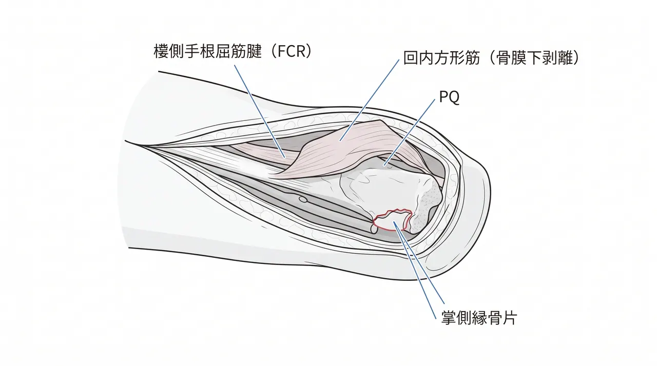 掌側アプローチの展開 — 橈側手根屈筋腱（FCR）と橈骨動脈の間の展開。回内方形筋の骨膜下剥離と橈骨遠位端掌側面の露出