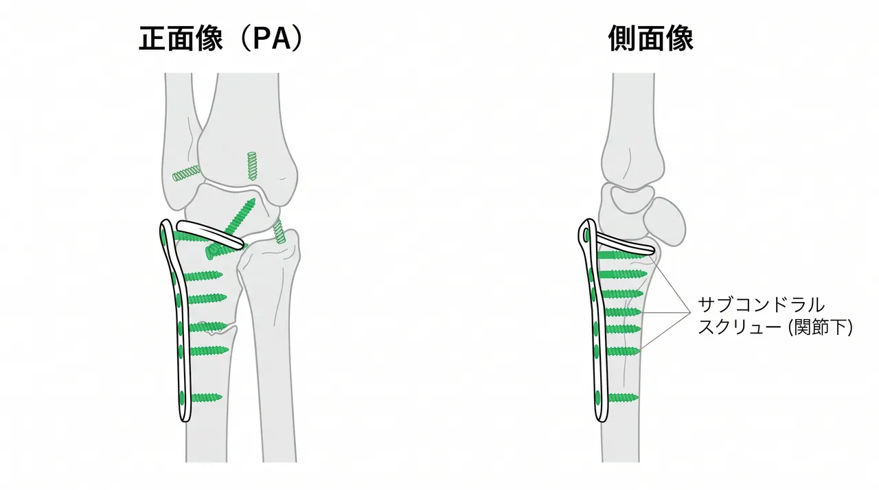 術中透視（PA像・側面像）— VLPのプレート位置・遠位サブコンドラルスクリューの関節下配置・掌側縁骨片の整復を確認