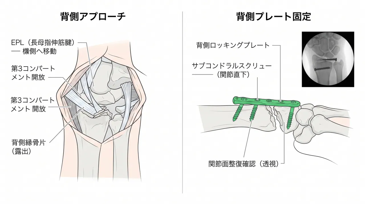 背側アプローチによる橈骨背側縁骨片の整復・背側プレート設置（術中透視）