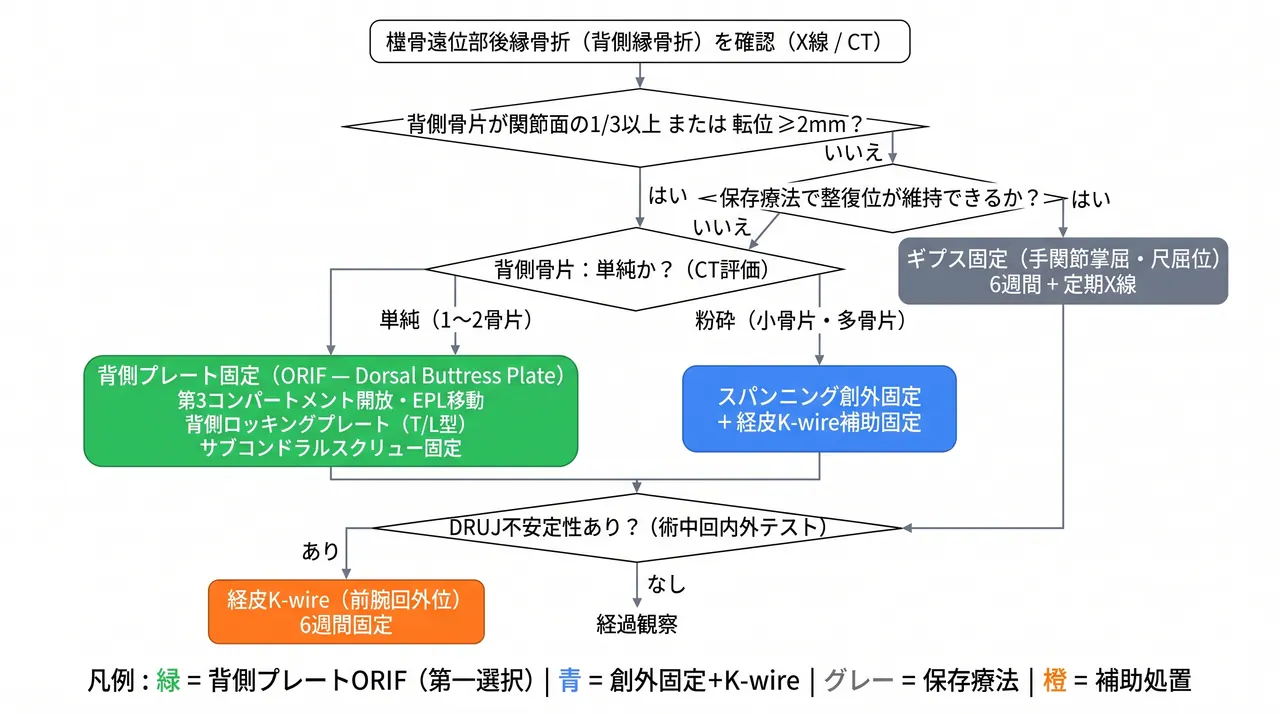 治療選択アルゴリズム — 23-B3背側縁骨折・骨片サイズと転位量に基づく保存療法vs手術