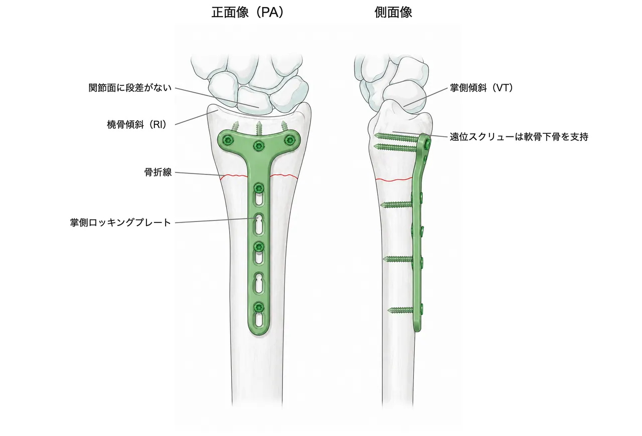 術後X線正面像・側面像 — 掌側ロッキングプレート固定後。プレートがWatershed lineより近位にあること、遠位スクリューが軟骨下骨を支持していること、関節面に段差がないことを確認する