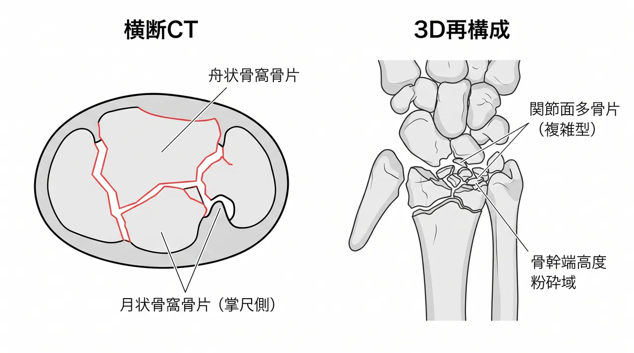 CT横断面・3D再構成 — 関節面骨片数・各骨片転位方向・月状骨窩-舟状骨窩の独立した転位・骨幹端粉砕の三次元評価