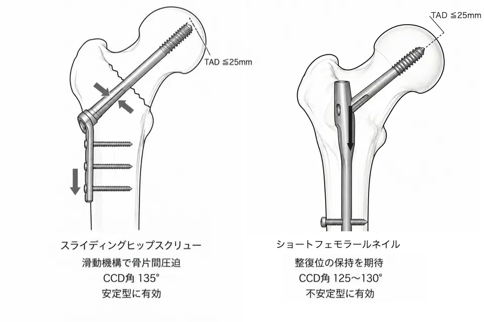 スライディングヒップスクリュー（左）とショートフェモラールネイル（右）— 左は滑動機構で骨片間を圧迫し、CCD角135°・安定型に有効。右は骨幹部の中央を通り、整復位の保持を期待、CCD角125〜130°・不安定型に有効。ともにTAD ≦25mmを確認する