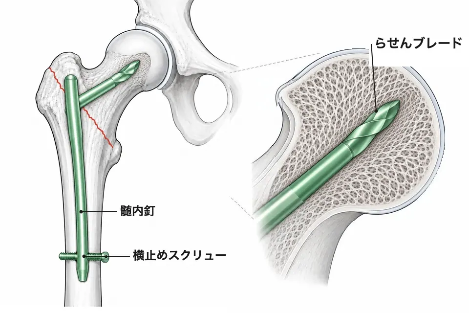 PFNA（近位大腿骨髄内釘）— らせん状のブレードが頚部の中央を通って骨頭に入り、髄内釘の遠位に横止めスクリューを設置する。右は骨頭内でのブレードの拡大