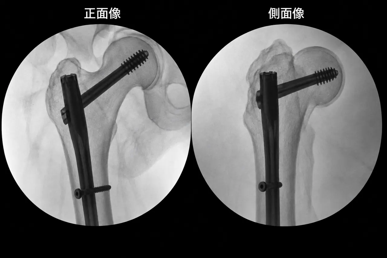 術後X線像（正面像／側面像）— 髄内釘固定後。ラグスクリューが頚部の中央を通って骨頭に達し、遠位に横止めスクリューを設置する