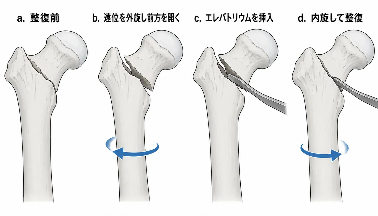 エレバトリウムによる整復 — a 整復前／b 遠位を外旋して骨折部前方を開く／c エレバトリウムを挿入／d 内旋して整復
