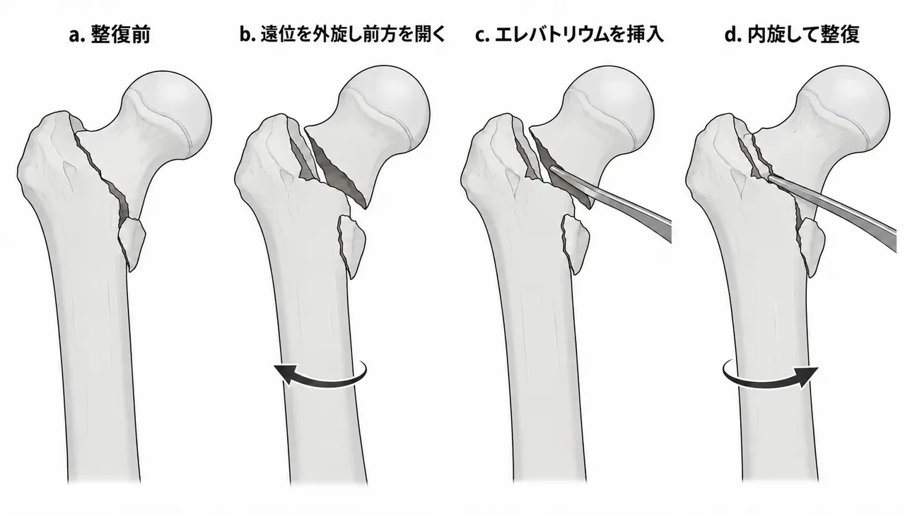 エレバトリウムによる整復（多骨片型）— a 整復前／b 遠位を外旋して骨折部前方を開く／c エレバトリウムを挿入／d 内旋して整復