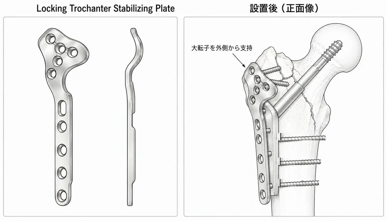 Locking Trochanter Stabilizing Plate — 左：プレート単体（正面と側面）／右：設置後の正面像。大転子を外側から支持する