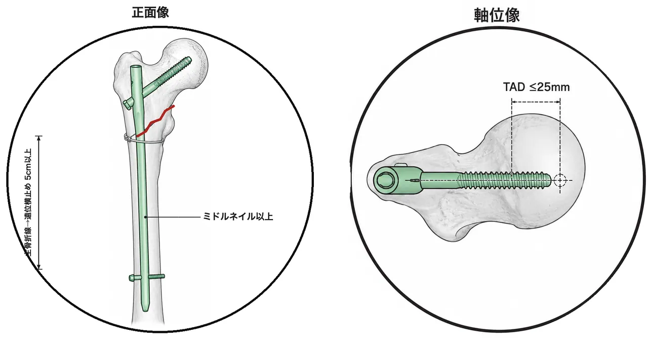 術中透視像（Type III）— 正面像：ワイヤーを残してミドルネイル以上を入れ、主骨折線から遠位横止めまで5cm以上を確保／軸位像：TAD を計測