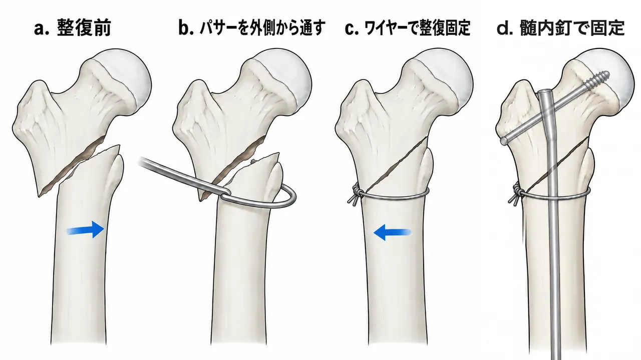 Type III の整復 — 外側壁と骨幹部をワイヤーで整復固定してから髄内釘を入れる。a 整復前／b パサーを外側から通す／c ワイヤーで整復固定／d 髄内釘で固定