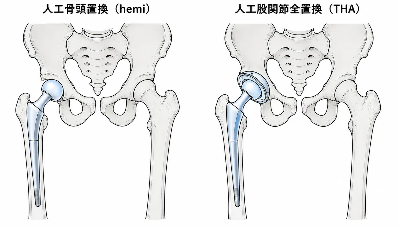 人工物置換 — 人工骨頭置換（hemi）vs 人工股関節全置換（THA）