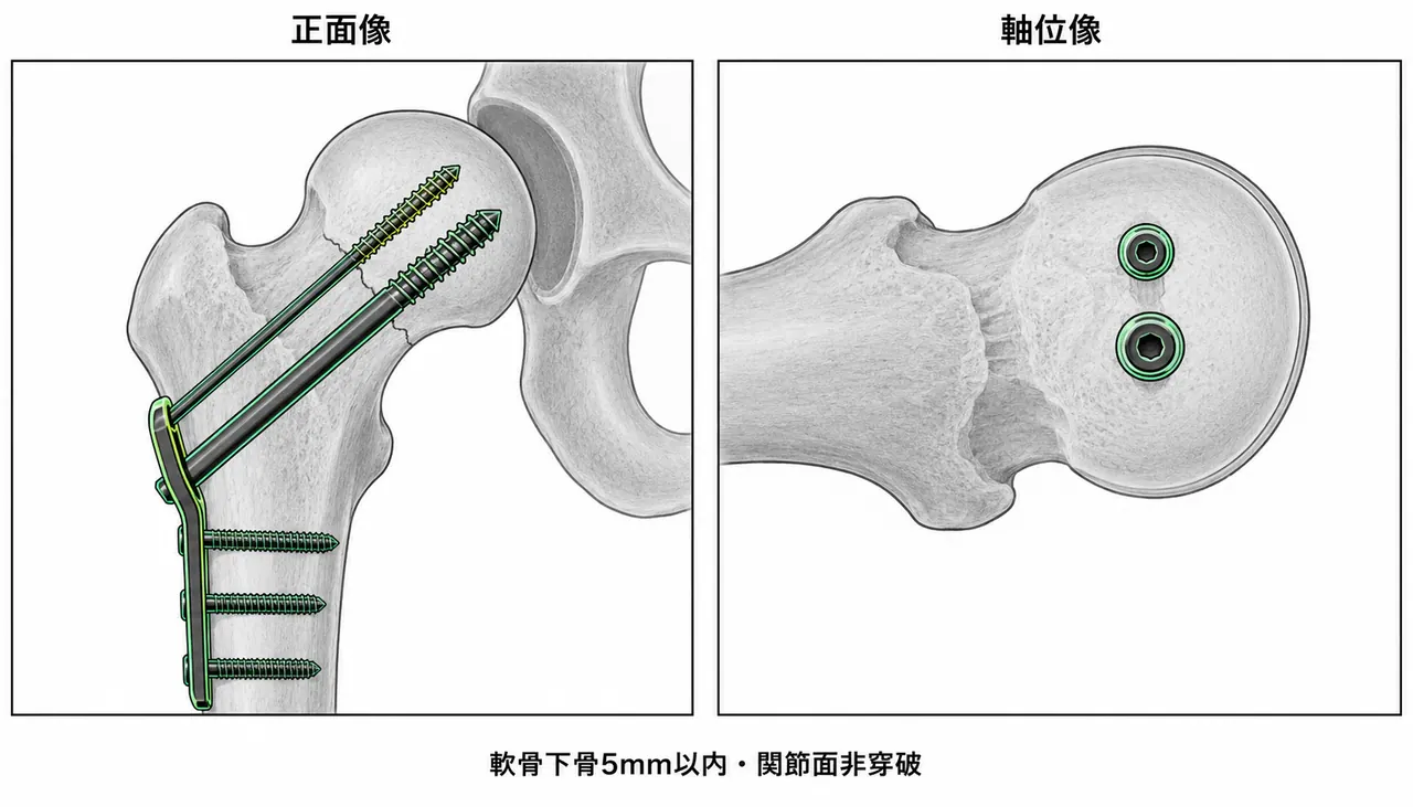 術中透視像 — 正面/軸位（軟骨下骨5mm以内・関節面非穿破）