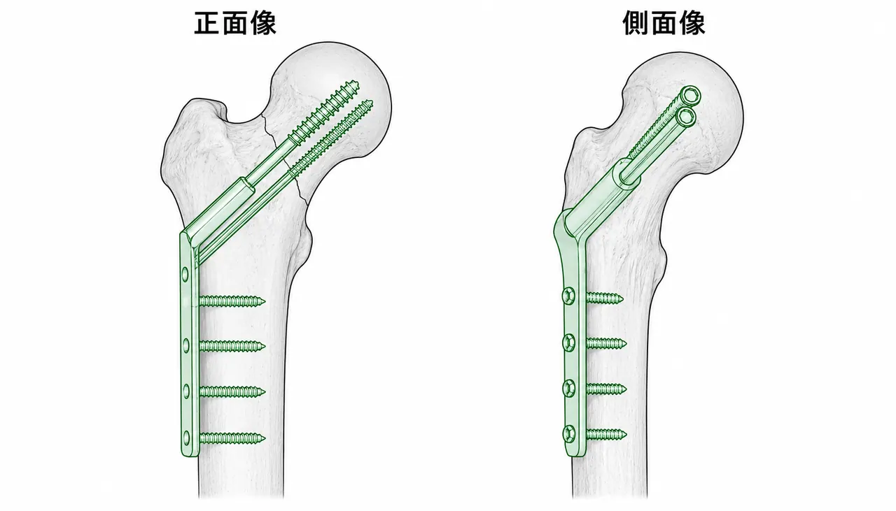 術後X線像（正面/側面）— 固定材または人工物の設置確認