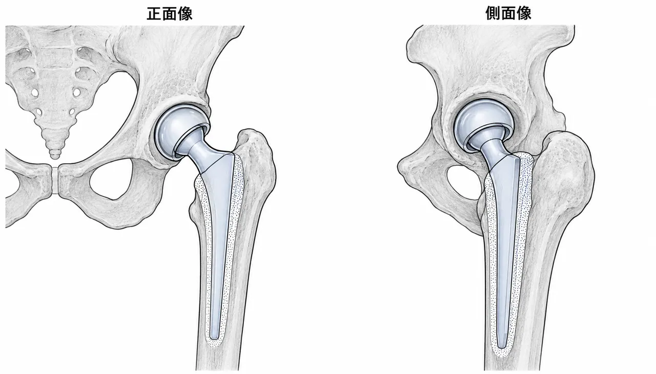 術後X線像（正面/側面）— セメント固定bipolar人工骨頭置換後の設置確認