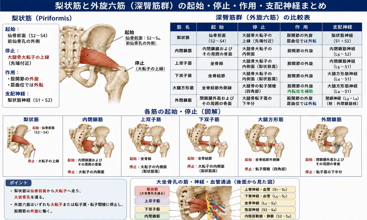 短外旋筋群（外旋六筋）の起始・停止・作用・支配神経