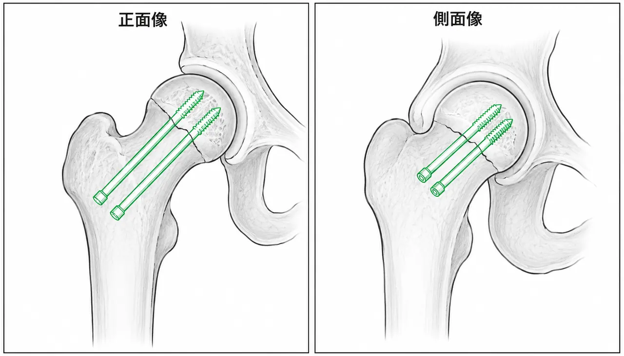術後X線像（正面像/側面像）— ヘッドレス圧迫スクリュー固定後の整復位確認