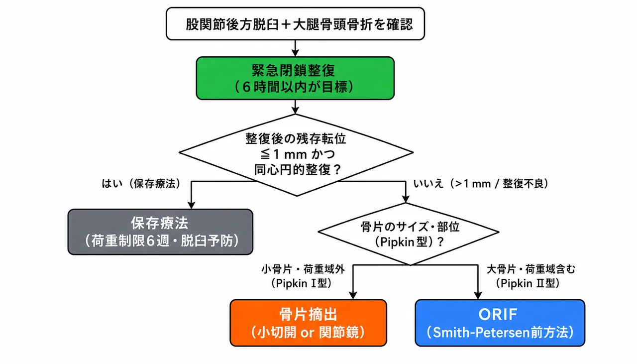 治療選択アルゴリズム — 転位量・Pipkin型による術式選択フロー
