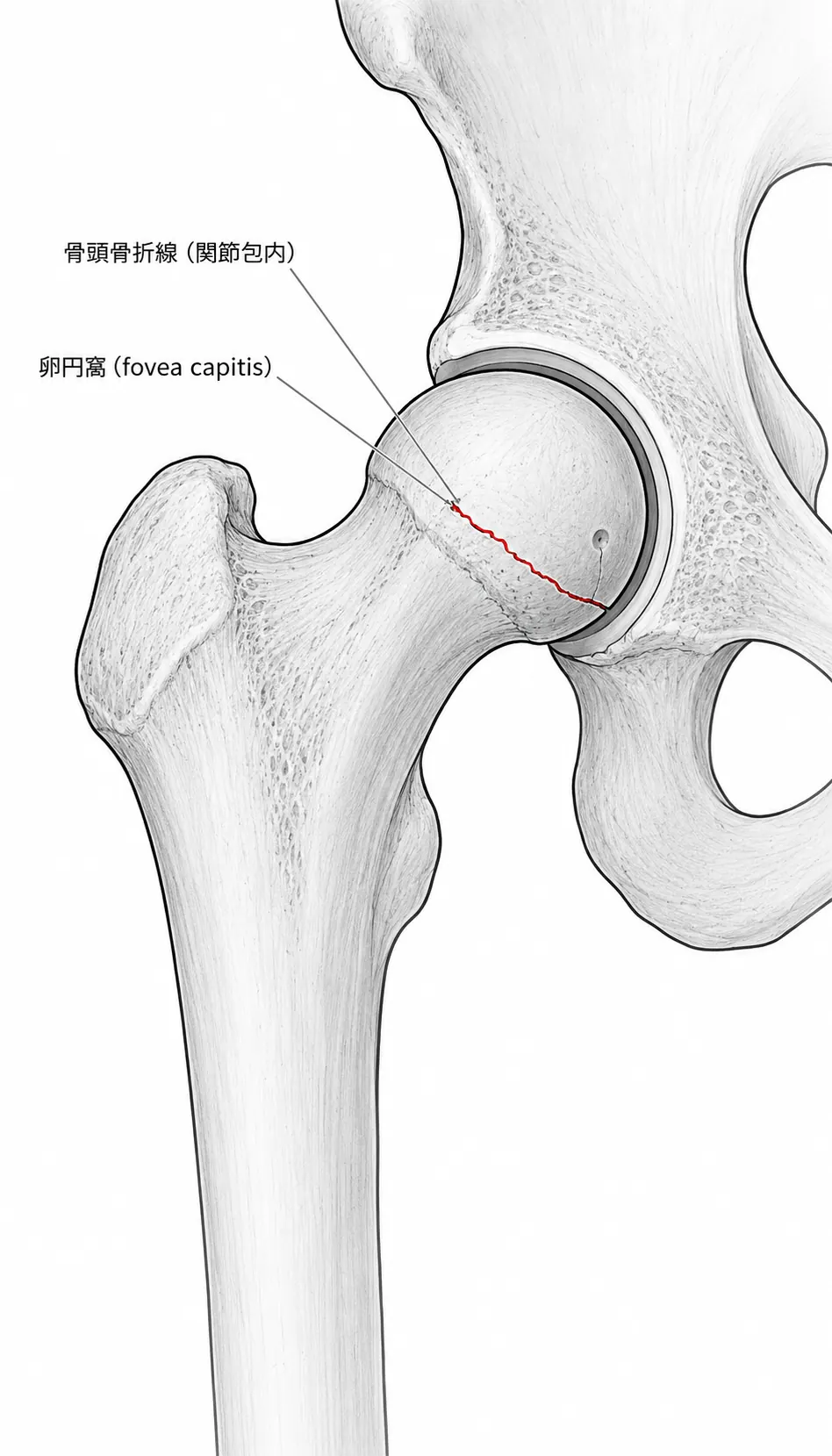 X線正面像 — 大腿骨頭骨折線と卵円窩の位置関係
