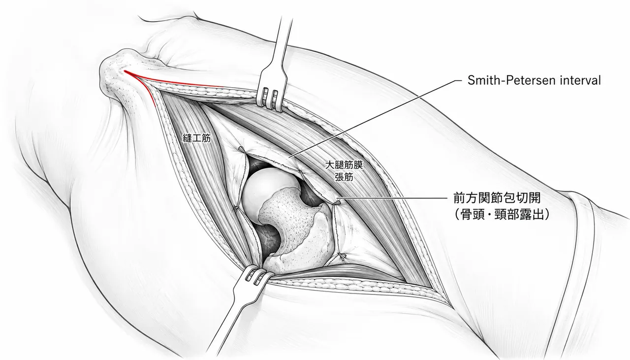 アプローチ — Smith-Petersen前方法（骨頭・頸部を直視下に露出）