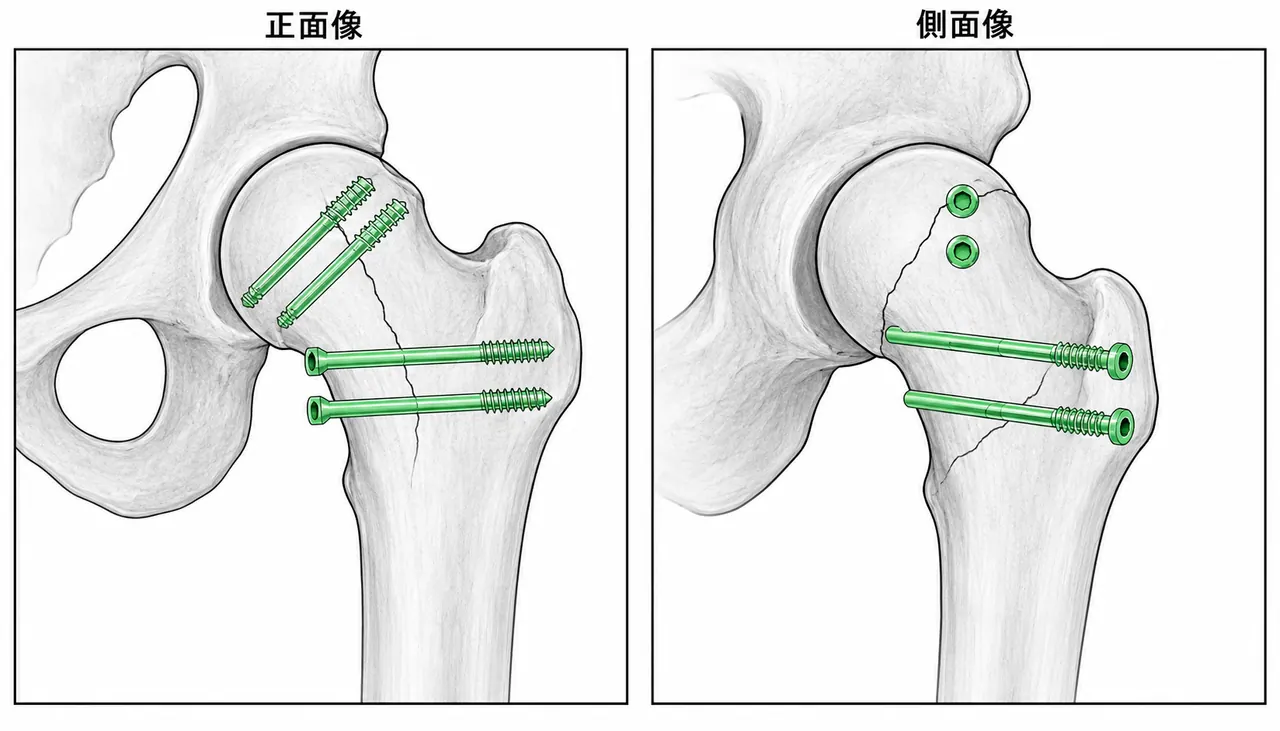 術後X線像（正面像/側面像）— 二段階固定後の整復位確認