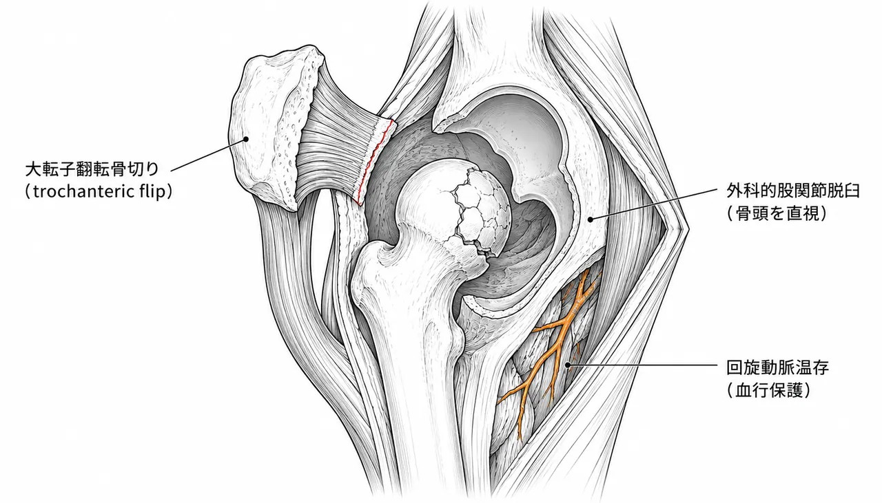 アプローチ — 大転子翻転骨切り術（trochanteric flip osteotomy）による外科的股関節脱臼