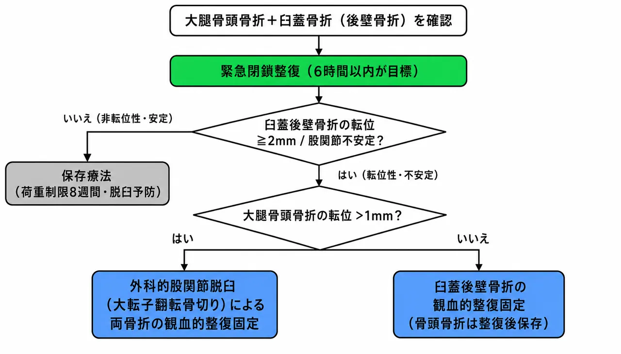 治療選択アルゴリズム — 臼蓋骨折転位量評価による保存療法 vs 両骨折ORIF