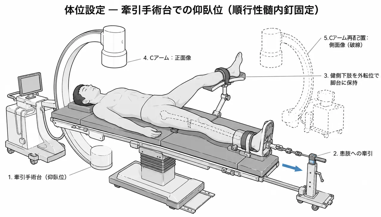 手術体位 — 牽引台仰臥位（透視AP/側面の両方向から確認）