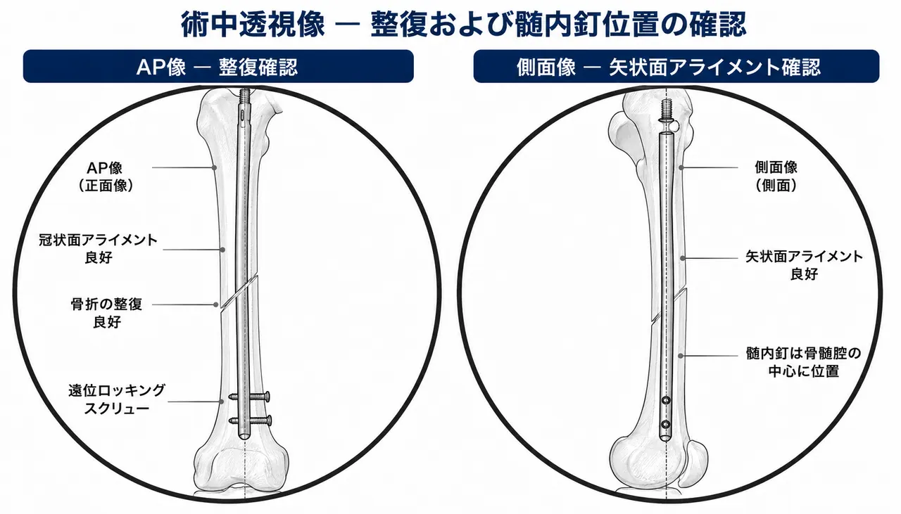 術中透視（AP/側面）— 整復位・ネイル位置確認