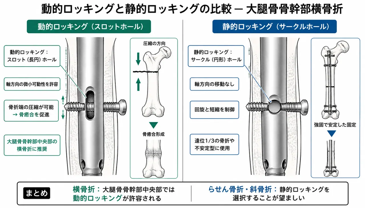動的 vs 静的ロッキング比較 — スロット孔（動的）vs 円孔（静的）の違いと適応
