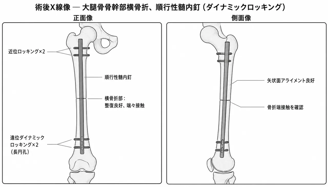 術後X線像（正面/側面）— 髄内釘＋動的ロッキング（スロット孔）、骨折端密接