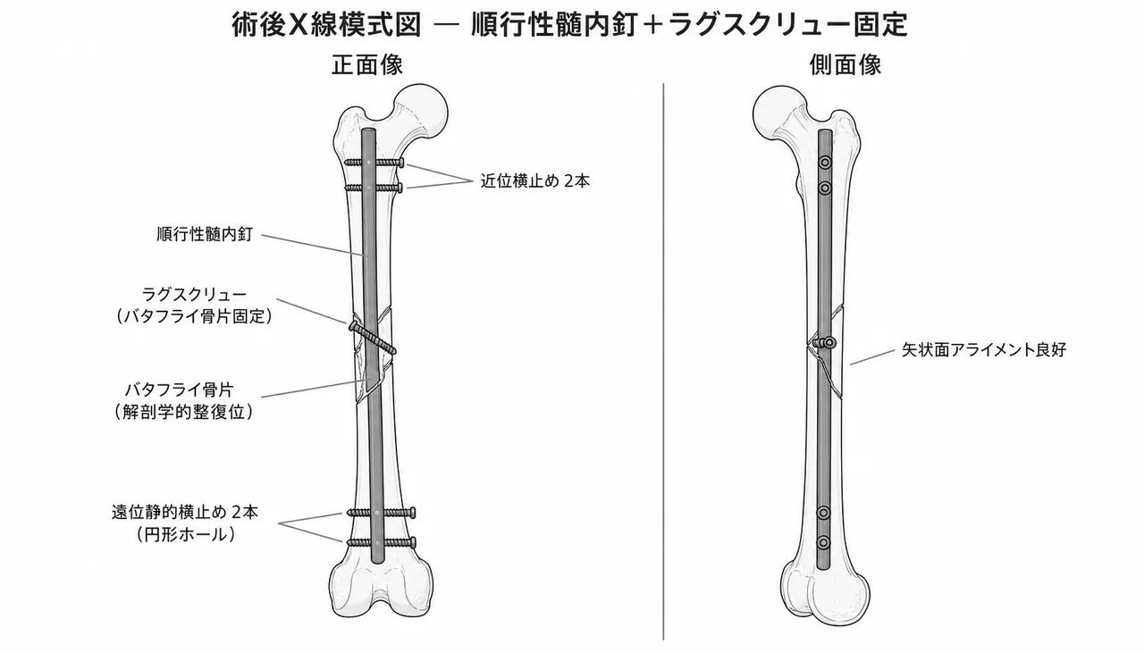 術後X線像（正面/側面）— 順行性髄内釘＋楔状骨片ラグスクリュー＋静的ロッキング（遠位2本・近位2本）