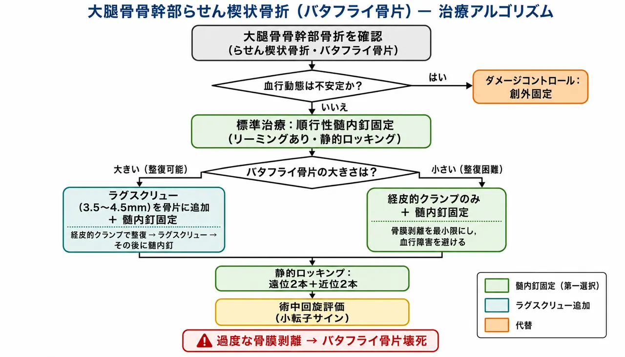 治療選択アルゴリズム — 楔状骨片サイズ→ラグスクリュー or クランプ仮固定→順行性IM釘