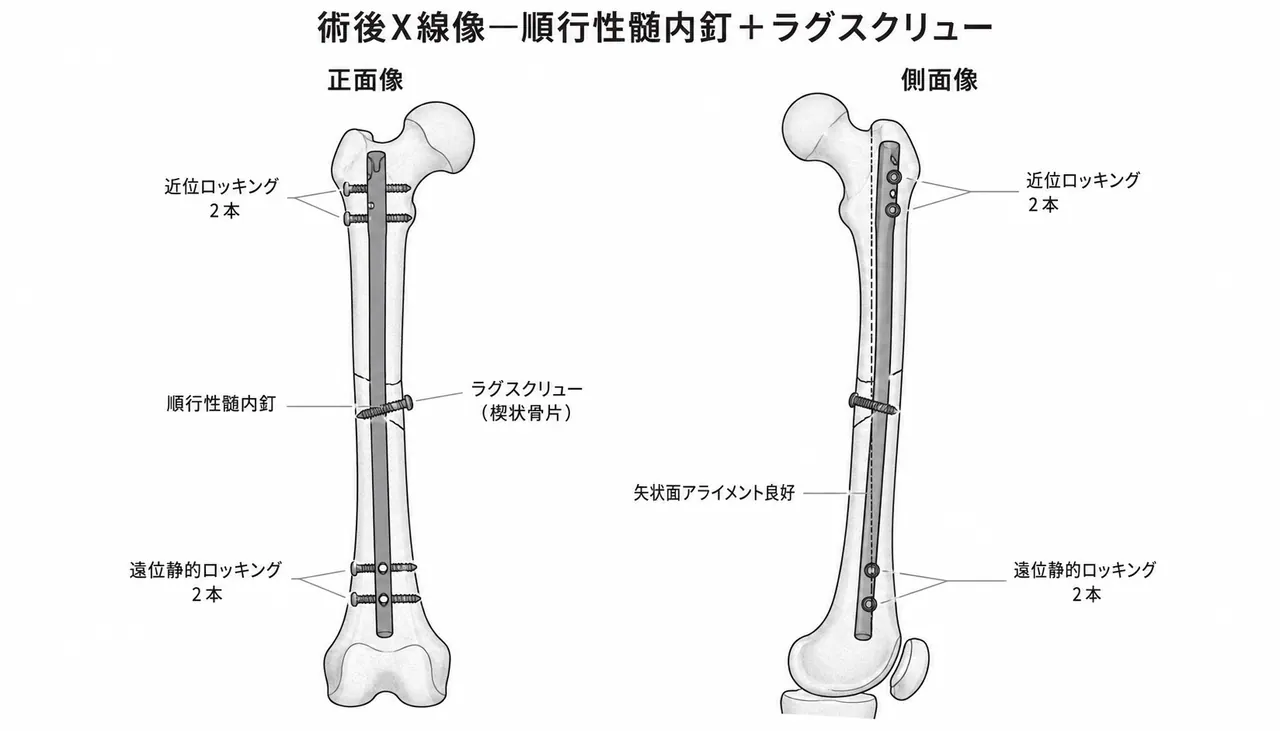 術後X線像（正面/側面）— 順行性髄内釘＋楔状骨片ラグスクリュー＋静的ロッキング