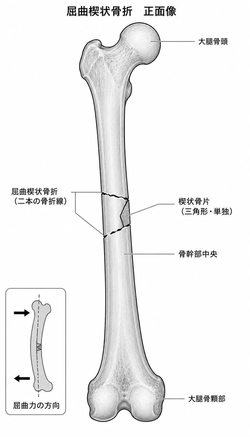 X線正面像 — 曲げ楔型骨折線と楔状骨片