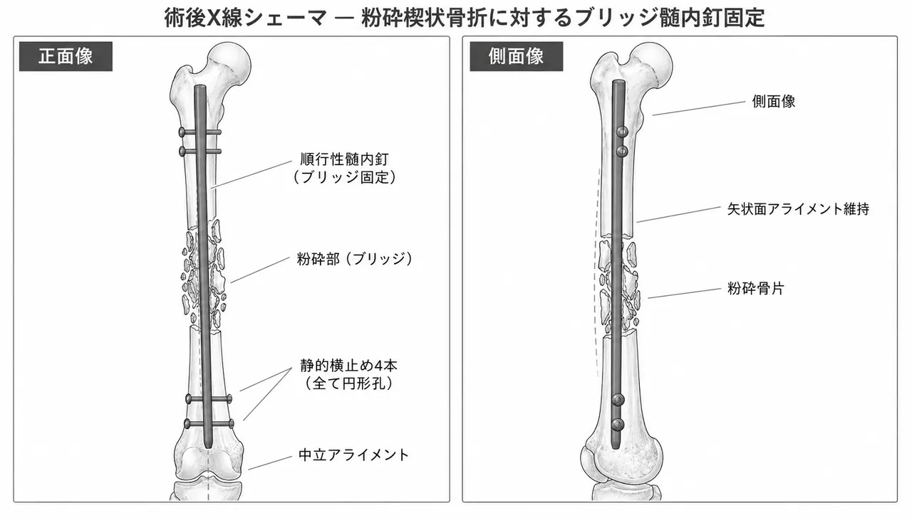 術後X線像（正面/側面）— 髄内釘＋静的ロッキング4本。粉砕部をブリッジ固定