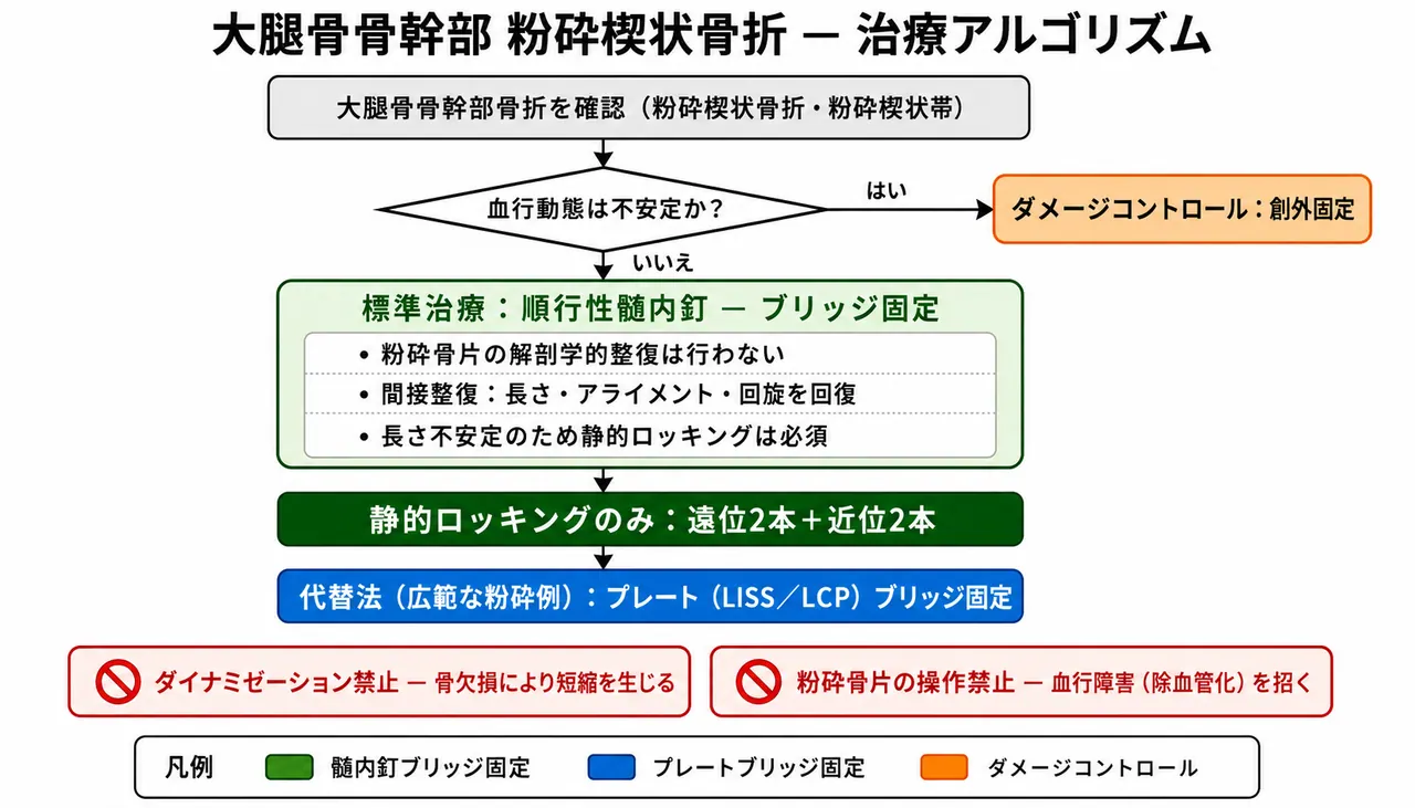 治療選択アルゴリズム — 粉砕楔型・ブリッジ固定・静的ロッキング必須
