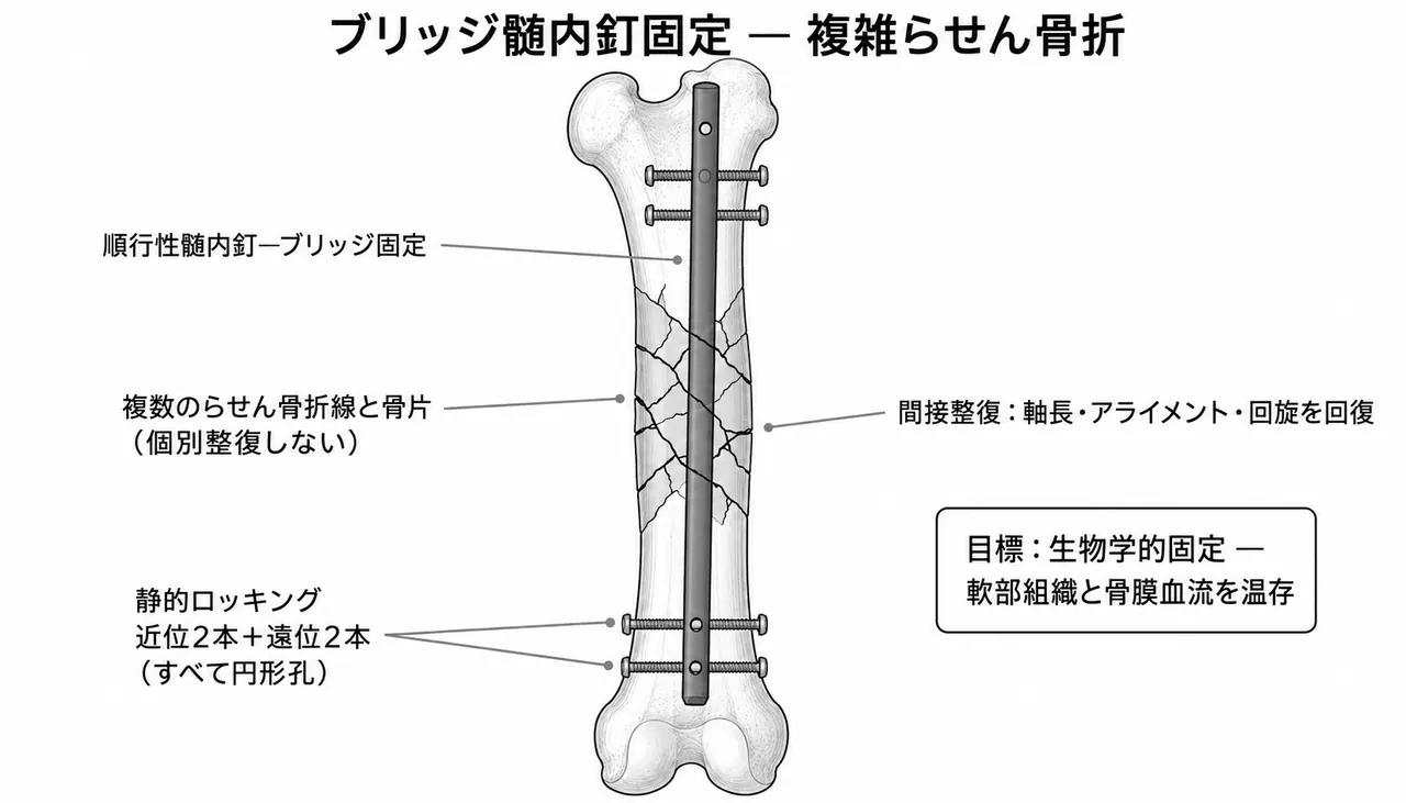複雑螺旋骨折のブリッジ固定模式図 — 多骨片を橋渡しして近位・遠位正常骨幹部で固定