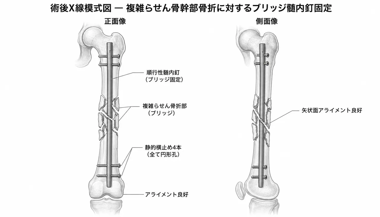 術後X線像 — 髄内釘＋静的ロッキング（複雑螺旋骨折をブリッジ固定）