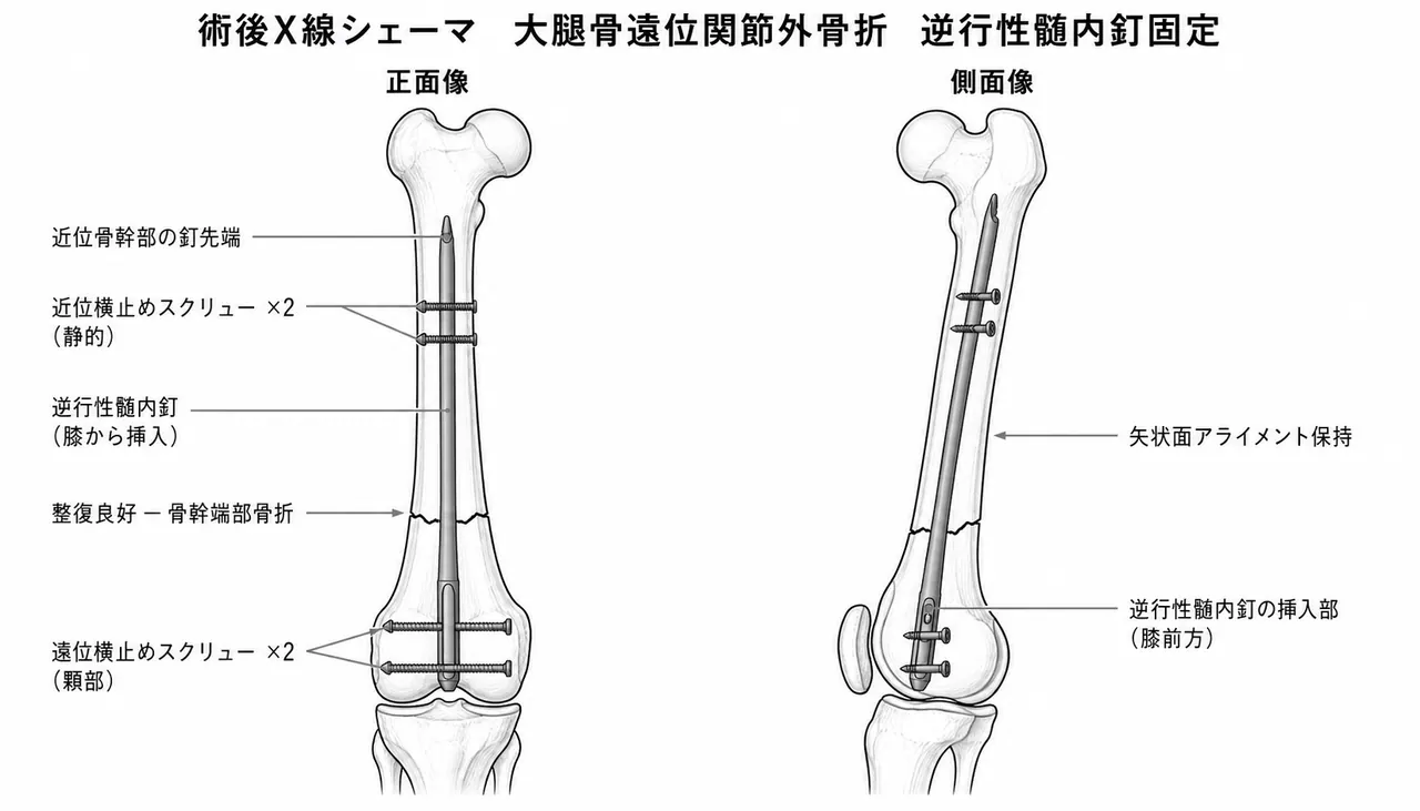 術後X線像（正面/側面）— 逆行性IM釘＋遠位ロッキング2本（顆部）＋近位ロッキング2本