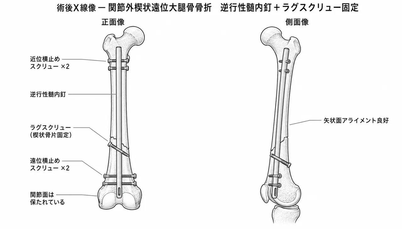 術後X線像（正面/側面）— 逆行性IM釘＋楔状骨片ラグスクリュー＋静的ロッキング