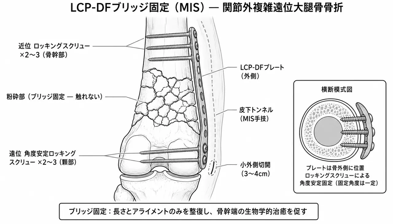 LCP-DF MIS挿入によるブリッジ固定模式図 — 皮下トンネルでプレートを通し遠位・近位をロッキング固定